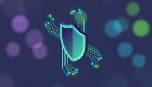 Shield and network visualization depicting built-in security layers
