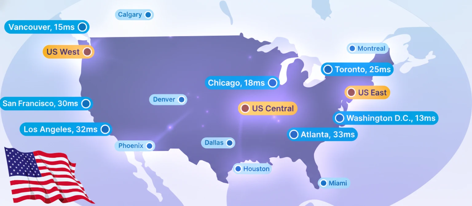 Map highlighting SleekVPS low-latency locations across North America